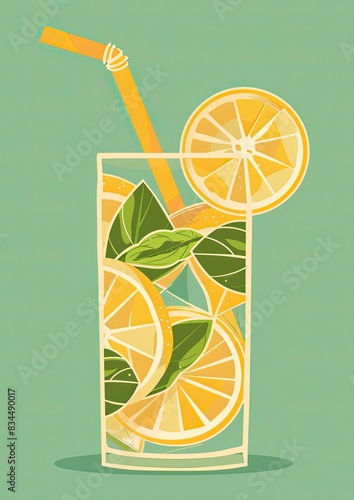Bright and enticing illustration of a cold glass of iced tea with lemon slices and ice cubes on a sunny background.