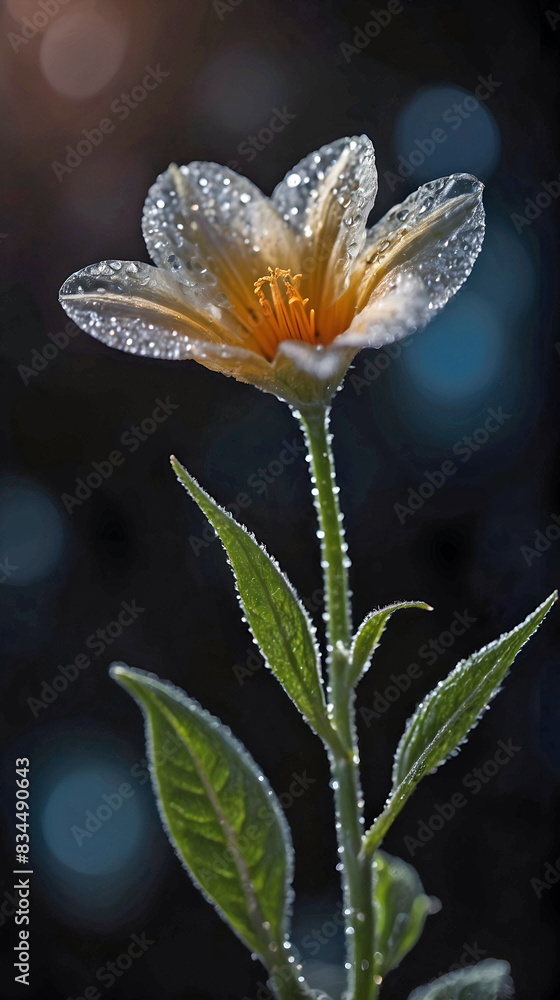 Delicate Sheer Crystal Like Dew Covered Flower Black Background. Delicate Sheer Crystal Like Dew Covered Flower Black Background.