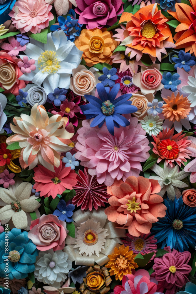 A dense arrangement of paper flowers in various colors and designs, filling the entire frame. The flowers display intricate details and vibrant hues, creating a beautiful and artistic background. A dense arrangement of paper flowers in various colors and designs, filling the entire frame. The flowers display intricate details and vibrant hues, creating a beautiful and artistic background.