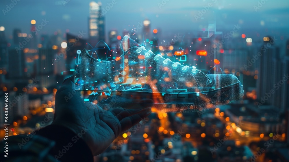 Fototapeta premium Urban Tech Lifestyle - Hands Holding Shoelaptop with City Skyline Reflection in High-Resolution Stock Photo