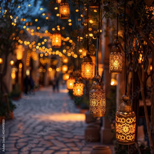 Festive celebration with Islamic lanterns, Eid Al-Adha night, glowing lights, ornate designs, hanging decorations, warm ambiance photo