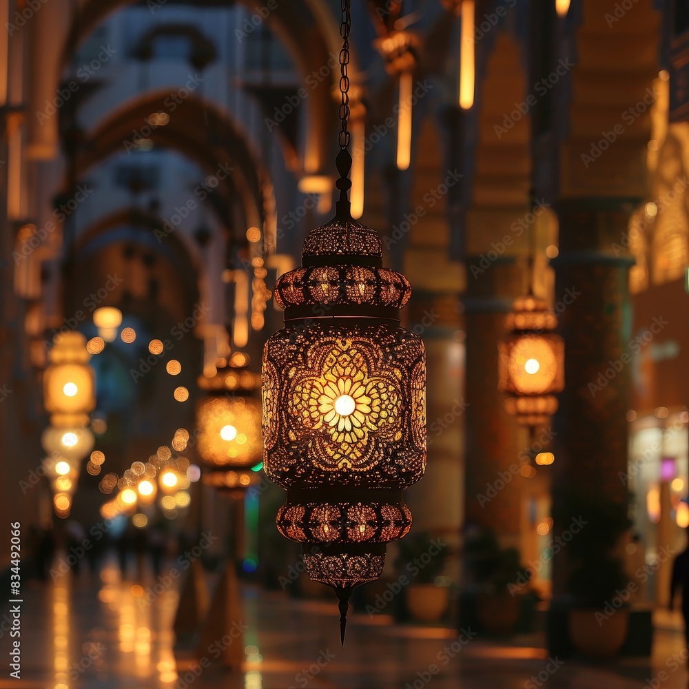 Islamic lanterns, Eid Al-Adha night, glowing lights, ornate designs, hanging decorations, warm ambiance, festive celebration Islamic lanterns, Eid Al-Adha night, glowing lights, ornate designs, hanging decorations, warm ambiance, festive celebration