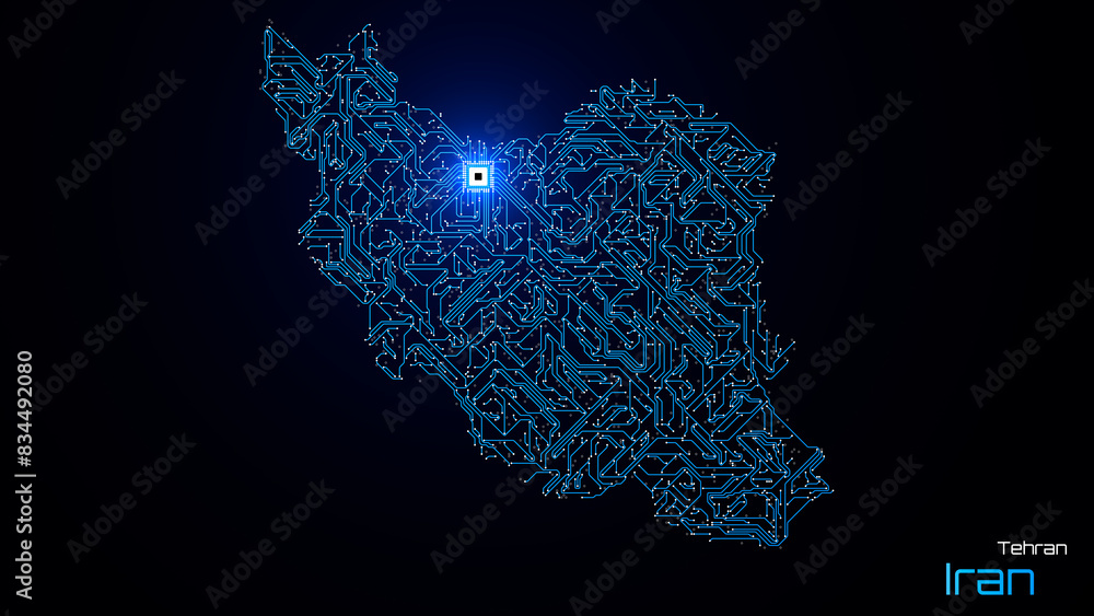 Iran, with its capital city of Tehran, is represented as a microchip with a central processing unit. A technological representation of the country's outline. Black background.