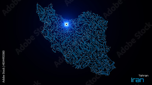 Obraz na płótnie Iran, with its capital city of Tehran, is represented as a microchip with a central processing unit. A technological representation of the country's outline. Black background. w salonie