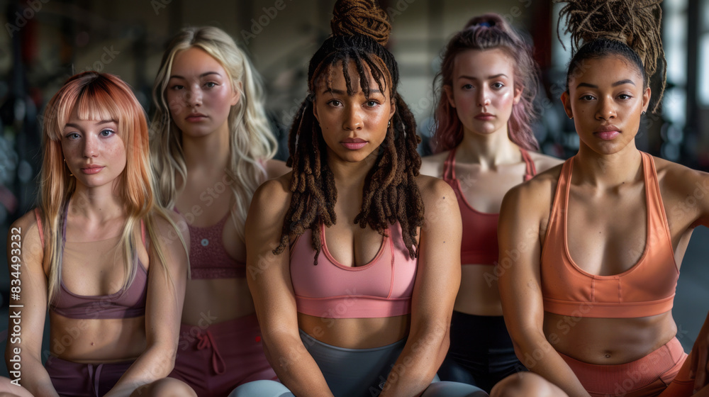 Five women of different ethnicities sit on a gym bench in the same pose, all wearing yoga pants and sports tops, set against a dark gym background. Five women of different ethnicities sit on a gym bench in the same pose, all wearing yoga pants and sports tops, set against a dark gym background.