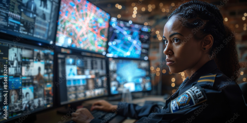 An officer in uniform sits at her desk late into the night, working on multiple computer screens displaying various information and data. An officer in uniform sits at her desk late into the night, working on multiple computer screens displaying various information and data.