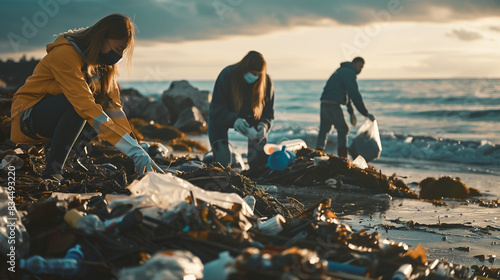a group of volunteers trying to clean water aftermath of water pollution in a lake, recycling, hope for environment