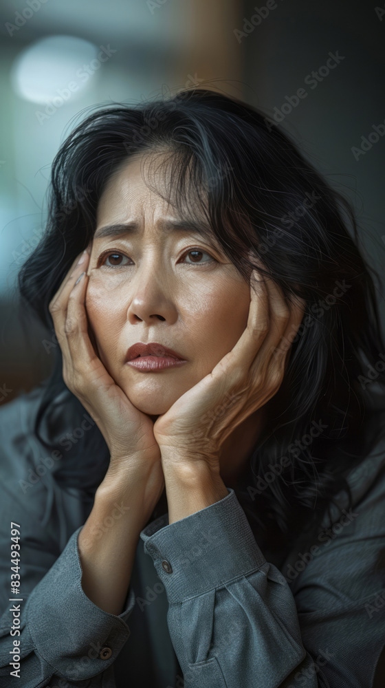 A woman in her sixties experiences head pain, holding her face and crying as she sits alone at home, feeling emotionally isolated. A woman in her sixties experiences head pain, holding her face and crying as she sits alone at home, feeling emotionally isolated.