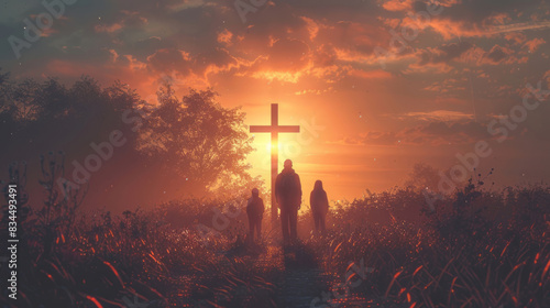A family stands silhouetted against a sunset backdrop in front of a cross. photo
