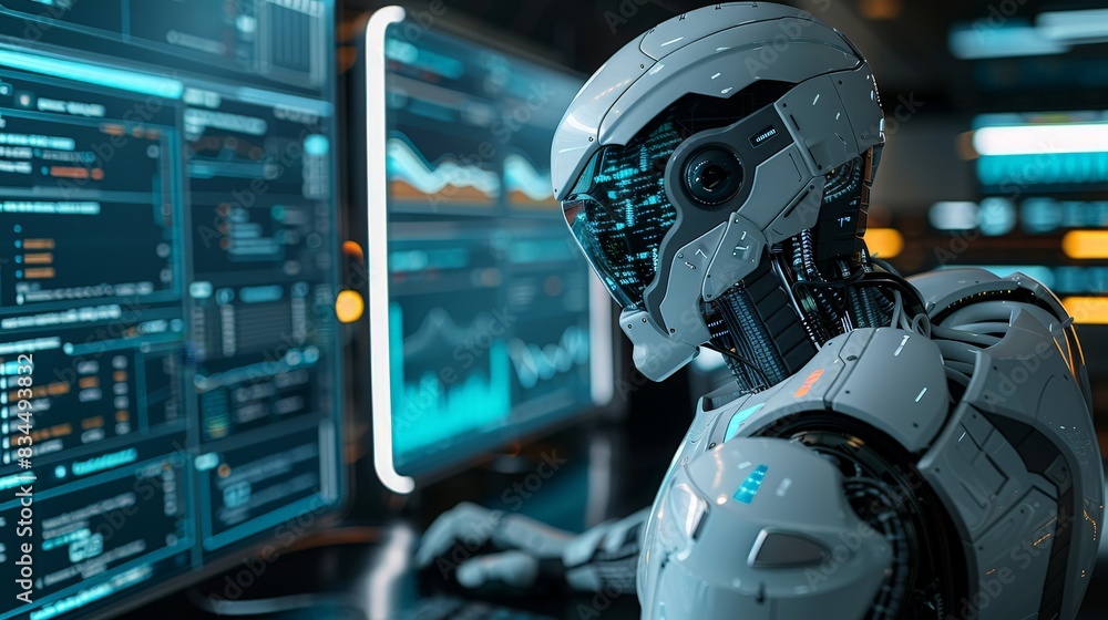 Futuristic AI Robot Analyzing Complex Data on Computer Screen - Integration of Artificial Intelligence Technology in Action Futuristic AI Robot Analyzing Complex Data on Computer Screen - Integration of Artificial Intelligence Technology in Action