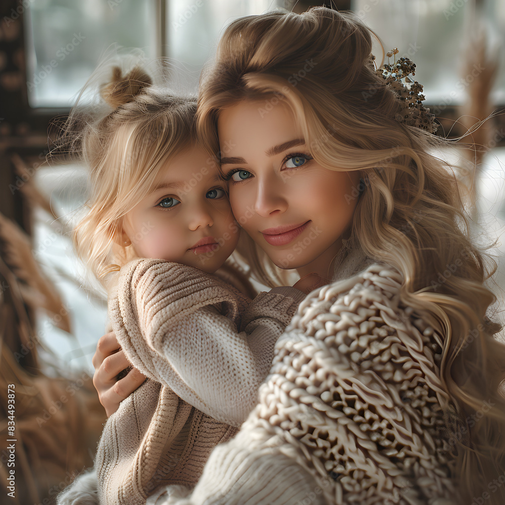 Obraz premium A happy young American mother holding her cute daughter, celebrating Mother's Day.