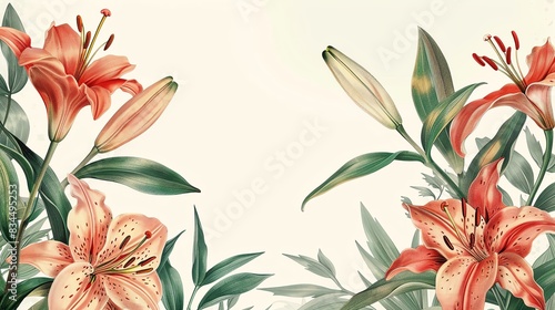 Elegant floral illustration featuring vibrant red lilies and green leaves, perfect for wedding invitations and greeting cards.