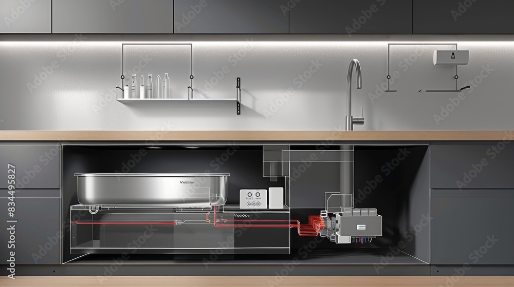 Innovative Ultrasonic System Design: Detailed illustration of an ultrasonic system installed beneath a modern stainless steel sink, showcasing key components and wiring Innovative Ultrasonic System Design: Detailed illustration of an ultrasonic system installed beneath a modern stainless steel sink, showcasing key components and wiring