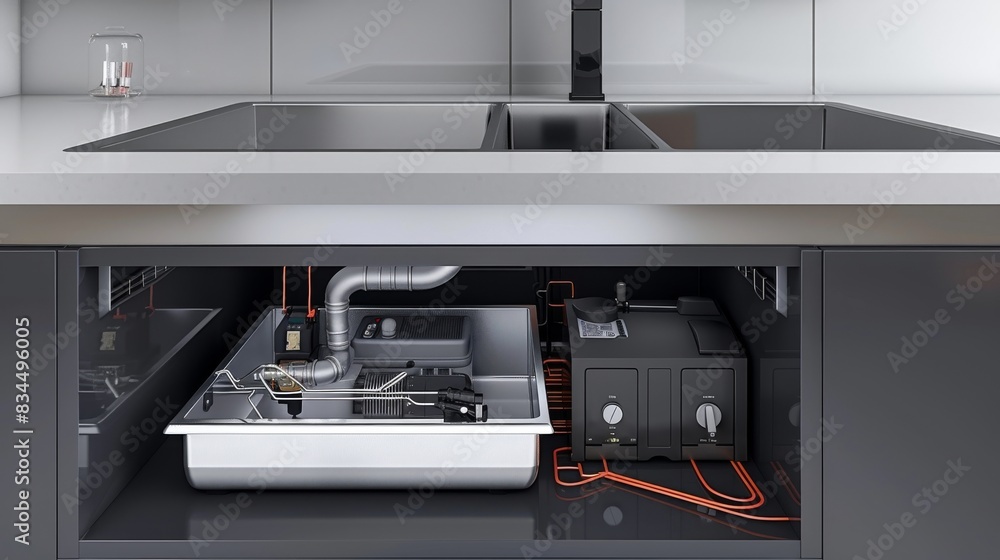 Innovative Ultrasonic System Design: Detailed illustration of an ultrasonic system installed beneath a modern stainless steel sink, showcasing key components and wiring Innovative Ultrasonic System Design: Detailed illustration of an ultrasonic system installed beneath a modern stainless steel sink, showcasing key components and wiring