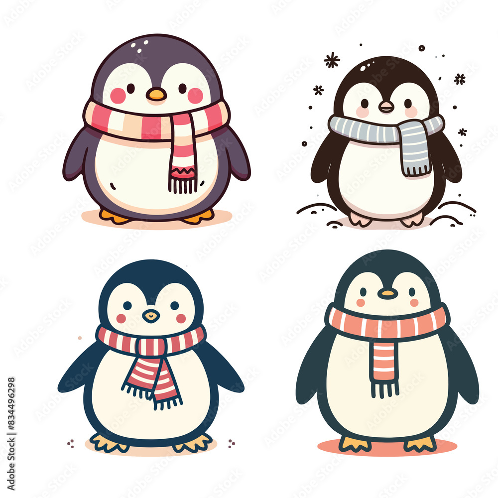 Fototapeta premium The image features a delightful set of four cartoon penguins, each showcasing their own personality with different accessories and expressions.