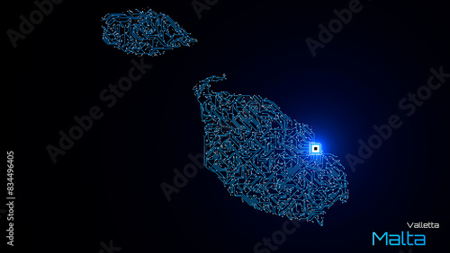 Malta, with its capital city of Valletta, is represented as a microchip with a central processing unit. A technological representation of the country's outline. Black background. photo