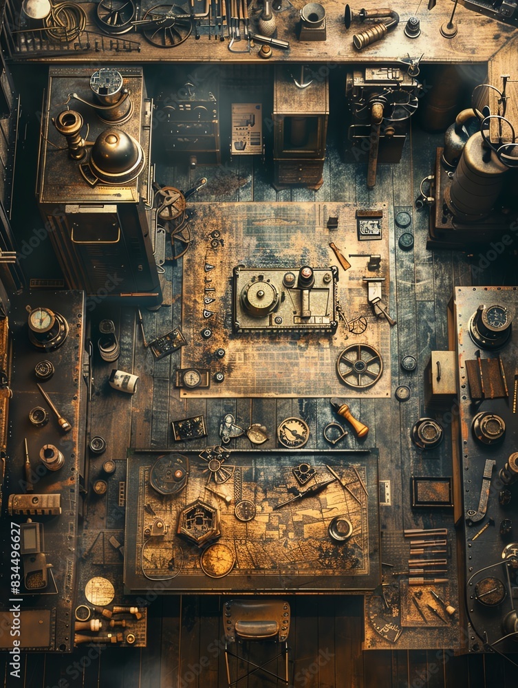 An organized steampunk themed workshop with a wooden floor. It is filled with various tools, gadgets, and gizmos. An organized steampunk themed workshop with a wooden floor. It is filled with various tools, gadgets, and gizmos.