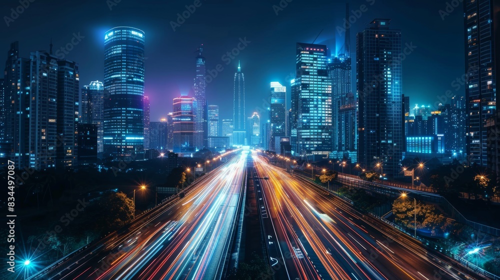 Futuristic urban landscape with smart highways and autonomous vehicles, digital network overlays, high-tech infrastructure, seamless integration, night cityscape Futuristic urban landscape with smart highways and autonomous vehicles, digital network overlays, high-tech infrastructure, seamless integration, night cityscape