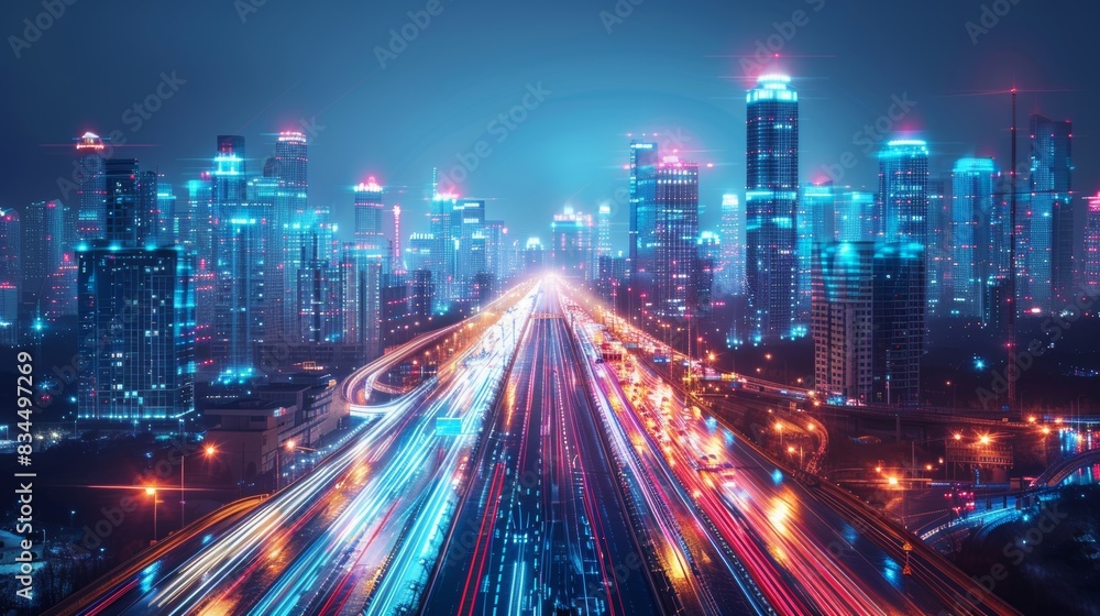 Futuristic smart city with flying cars and maglev trains, digital connectivity, advanced urban infrastructure, seamless technology integration, night skyline Futuristic smart city with flying cars and maglev trains, digital connectivity, advanced urban infrastructure, seamless technology integration, night skyline