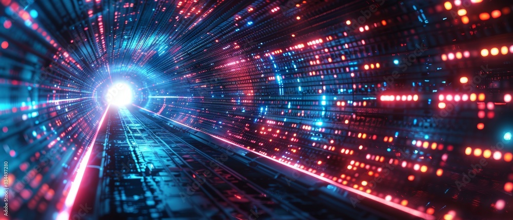 Futuristic digital tunnel with glowing lights and data streams, abstract representation of technology and AI Futuristic digital tunnel with glowing lights and data streams, abstract representation of technology and AI
