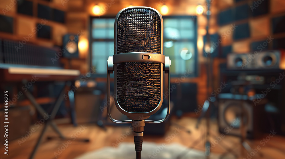 A microphone in the foreground, a blurred background of an open music studio with lights and musical instruments A microphone in the foreground, a blurred background of an open music studio with lights and musical instruments