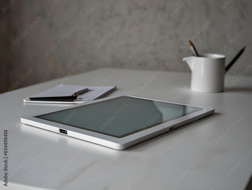 tablet computer and pen on the table. Generative AI tablet computer and pen on the table. Generative AI