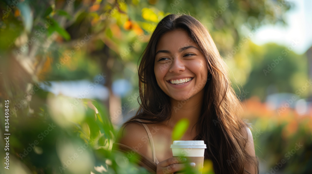 In an outdoor setting filled with vibrant energy, a young woman smiles brightly while holding a coffee cup In an outdoor setting filled with vibrant energy, a young woman smiles brightly while holding a coffee cup