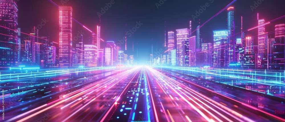 Autonomous vehicle highway in a smart city, digital communication lines, futuristic urban landscape, advanced transportation system, night cityscape