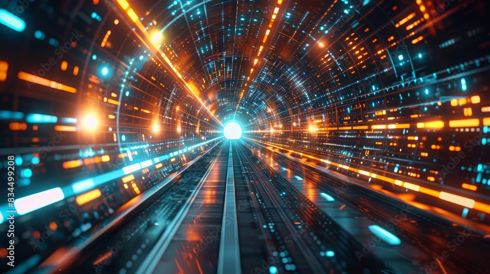 Abstract technology tunnel with futuristic lights and data streams, innovation and AI concept Abstract technology tunnel with futuristic lights and data streams, innovation and AI concept