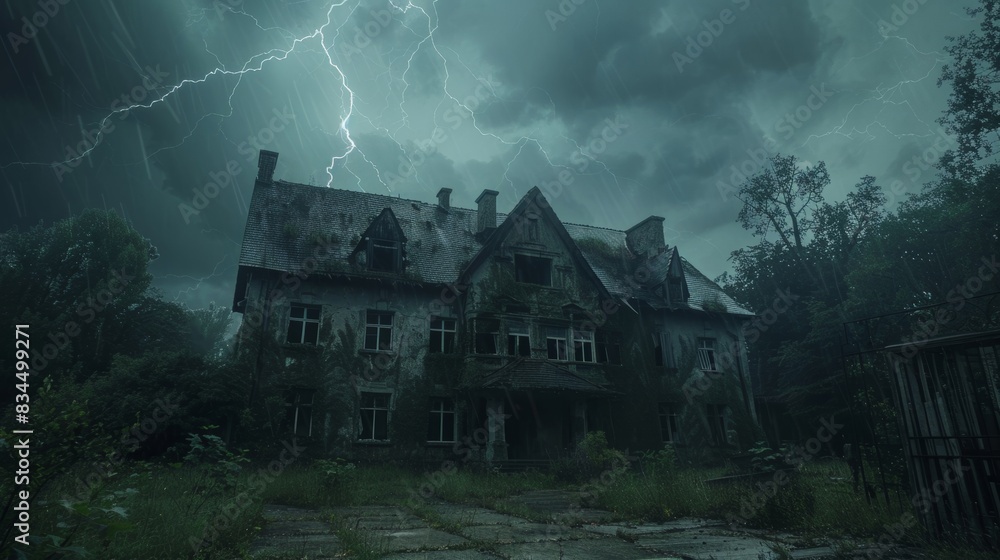 Abandoned house with dark clouds, lightning, and thunder, spooky ambiance, horror scene Abandoned house with dark clouds, lightning, and thunder, spooky ambiance, horror scene