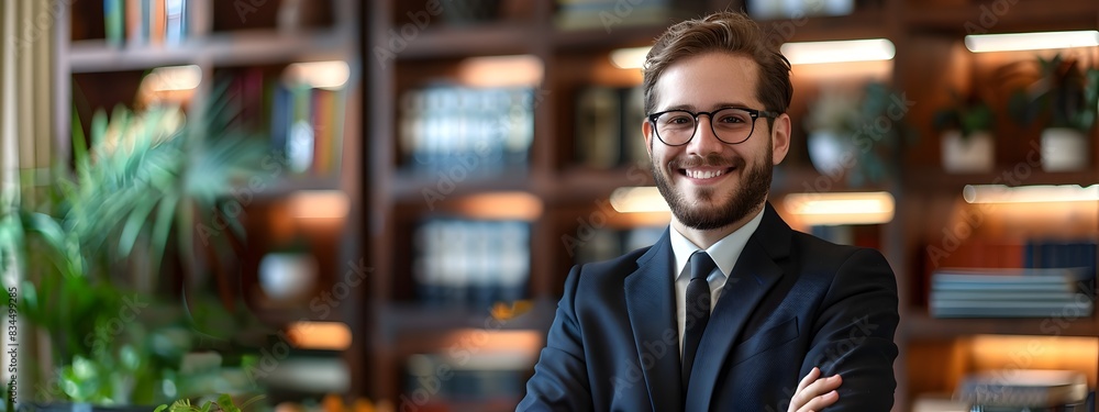 Obraz premium Confident Young Lawyer in Formal Attire Smiling in Office