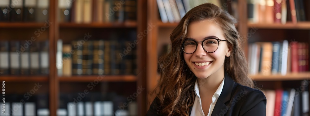 Confident Young Woman Lawyer Smiling in Law Office Bookshelf Confident Young Woman Lawyer Smiling in Law Office Bookshelf