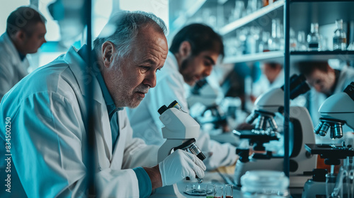 Male scientist in lab coat examining with microscope