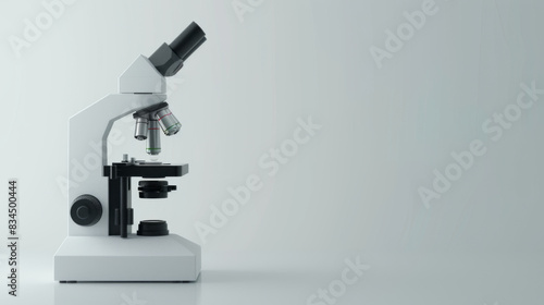 Sleek, modern microscope with multiple lenses against a minimalist background, highlighting scientific research and laboratory equipment.
