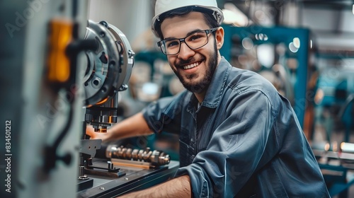 Happy Young Manufacturing Assembler Working at Factory Workbench with Tools photo