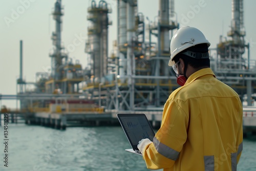 Arab Saudi Gulf man engineer is opening a laptop with a factory pipe installation in the background.