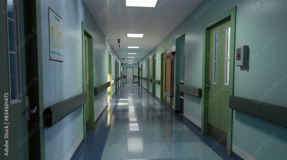 Serene Hospital Corridors: Clean, Well-Lit Paths for Healing and Hope, with Medical Staff and Patients Serene Hospital Corridors: Clean, Well-Lit Paths for Healing and Hope, with Medical Staff and Patients