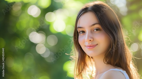 A beautiful young woman standing in front of a tree in nature, with a green blurred background and copy space