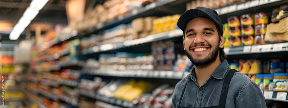 Happy Young Shelf Stacking Groceries in Supermarket Store Happy Young Shelf Stacking Groceries in Supermarket Store