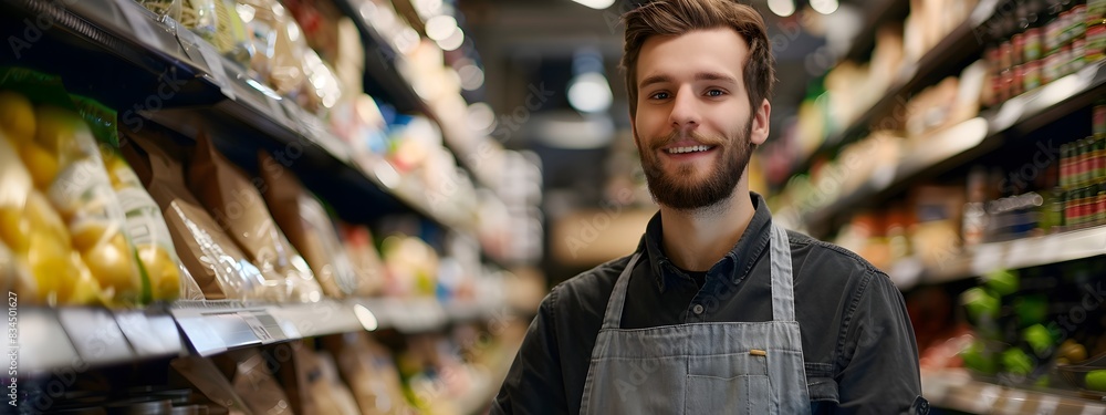 Happy Young Shelf Working at Grocery Store