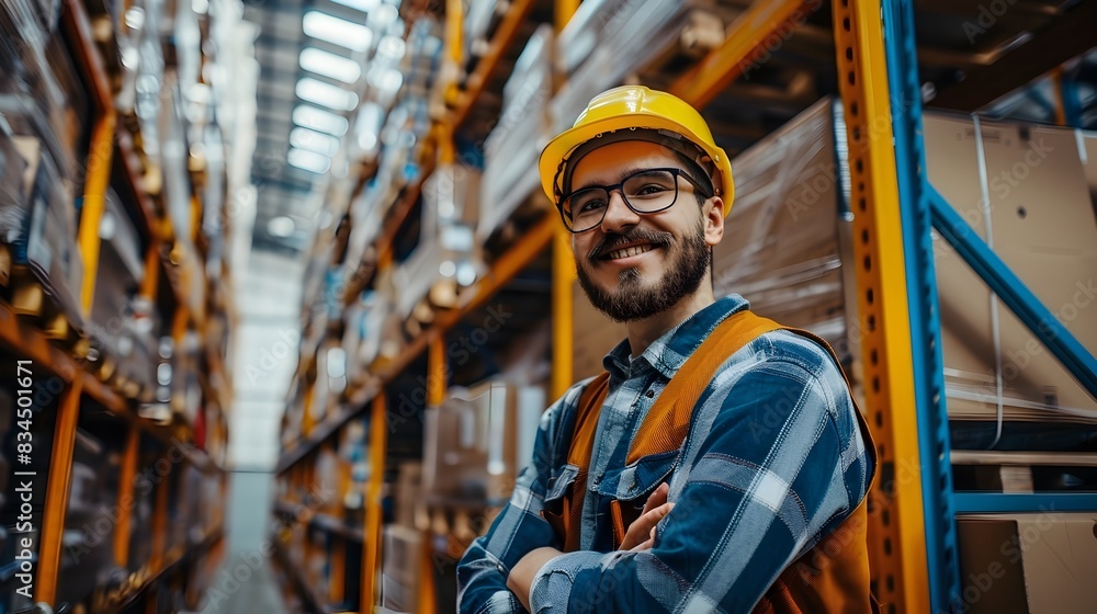 Happy Young Warehouse Worker Smiling in Protective Uniform at Industrial Storage Facility Happy Young Warehouse Worker Smiling in Protective Uniform at Industrial Storage Facility