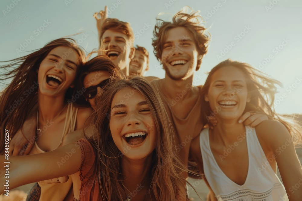 Group of friends having fun on the beach. Young people taking a selfie together. Group of friends having fun on the beach. Young people taking a selfie together.