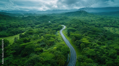 A tranquil highway meanders through a green forest. Captured in wide-angle, 70mm focus for high detail. Peaceful, vivid scene.