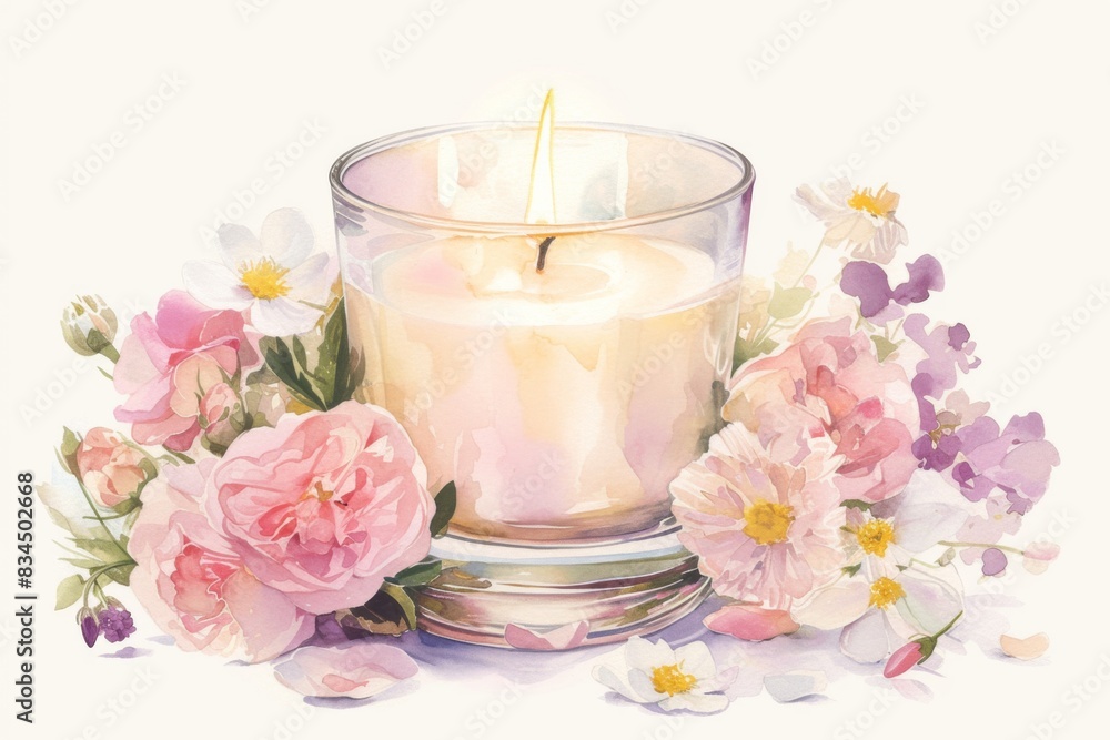 An illustration of modern candle with flowers in watercolor style. An illustration of modern candle with flowers in watercolor style.