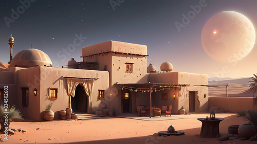 concept art of a large desert home, star wars, jakku, desert, flat roof, several rooms, hut, one story, peasant, fire and chairs outside, survivor, charming, desert planet, multi-room, moroccan, starr