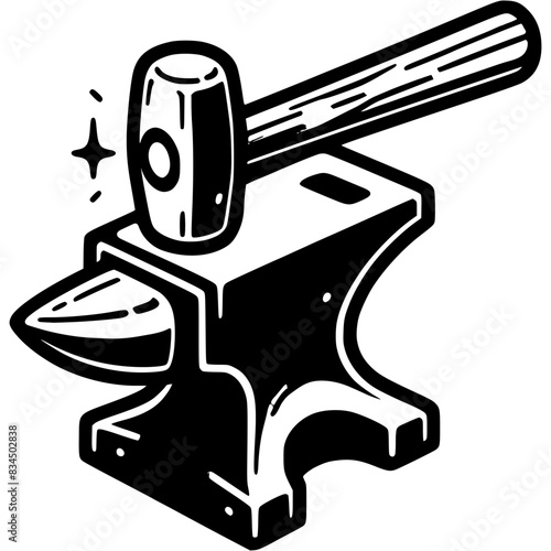 Heavy blacksmith hammer hits an anvilin monochrome. Medieval blacksmith tool. Simple minimalistic vector in black ink drawing on transparent background