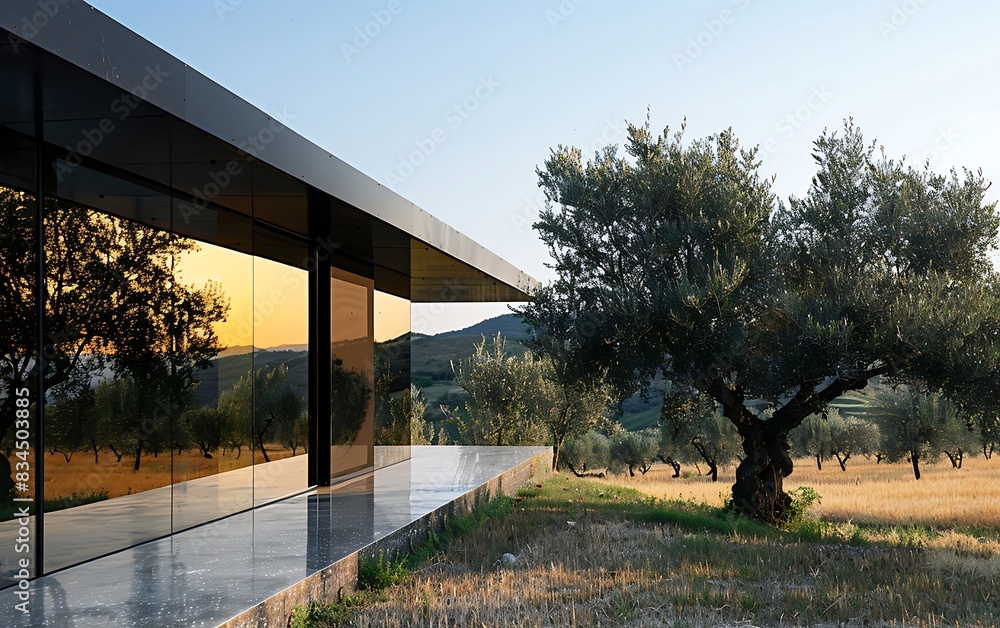 Obraz premium A modern flat roof cottage a glass building with a tree and a pond