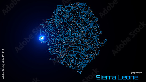 Sierra Leone, with its capital city of Freetown, is represented as a microchip with a central processing unit. A technological representation of the country's outline. Black background. photo