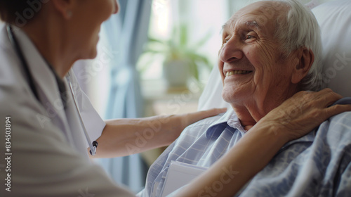 Nurse examines elderly patient in hospital bed