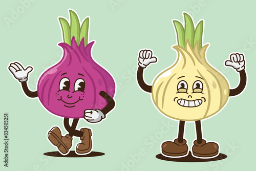 set of onion character with retro style, groovy style, vintage mascot, character food mascot